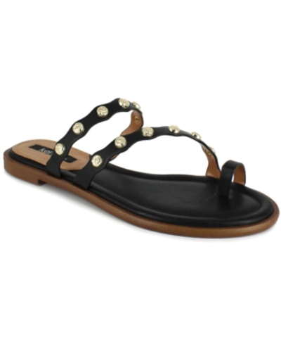 Shop Kensie Women's Malka Imitation Pearl-ornamented Toe-ring Flat Sandals Women's Shoes In Black With Studs