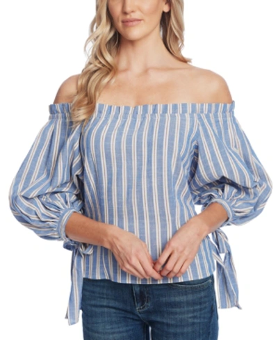 Shop Cece Striped Off-the-shoulder Balloon-sleeve Top In Moonlit