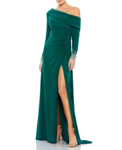 Shop Mac Duggal One-shoulder Long-sleeve Gown In Emerald