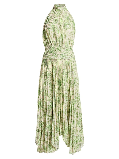 Shop Amur Women's Bibi Leaf-print Plissé Halter Handkerchief Maxi Dress In Ecru Green