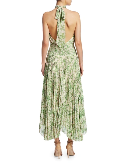 Shop Amur Women's Bibi Leaf-print Plissé Halter Handkerchief Maxi Dress In Ecru Green