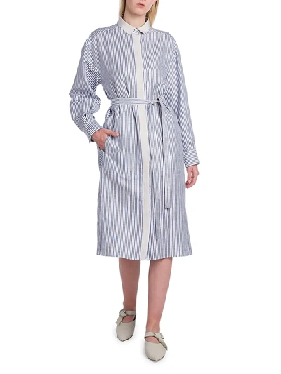 Shop Agnona Stripe Grosgrain Shirtdress In Indigo Stripe