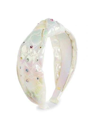 Shop Bari Lynn Girl's Iridescent Heart-quilt Swarvoski Crystal Headband In White Pastel Rainbow