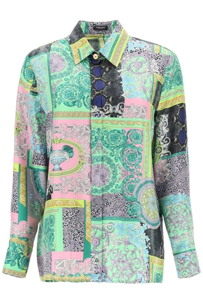 Shop Versace Barocco Mosaic Print Silk Shirt In Green,pink,gold