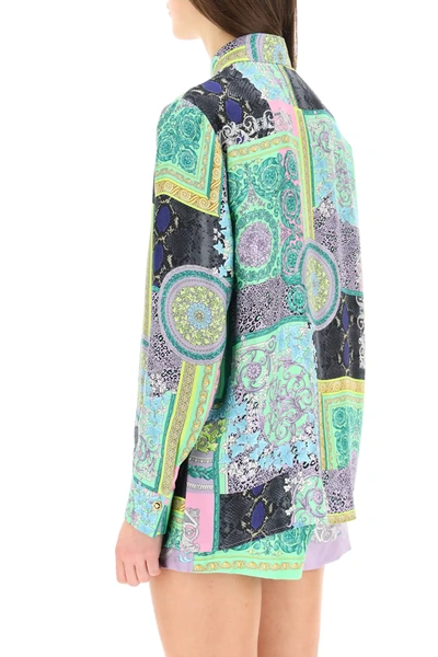 Shop Versace Barocco Mosaic Print Silk Shirt In Green,pink,gold