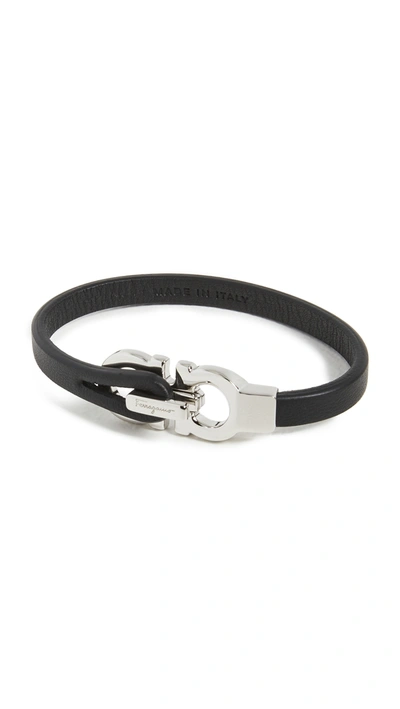 Shop Ferragamo Gancini Leather Bracelet In Black/silver