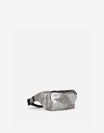 Shop Dolce & Gabbana Camouflage-print Nylon Belt Bag With Branded Tag In White/black