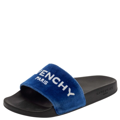 Pre-owned Givenchy Blue/ White Velvet Logo Slide Flats Size 36