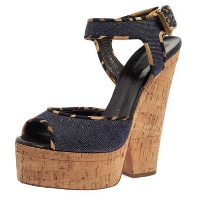 Pre-owned Giuseppe Zanotti Dark Wash Denim Cork Heel Platform Wedge Sandals Size 39 In Blue