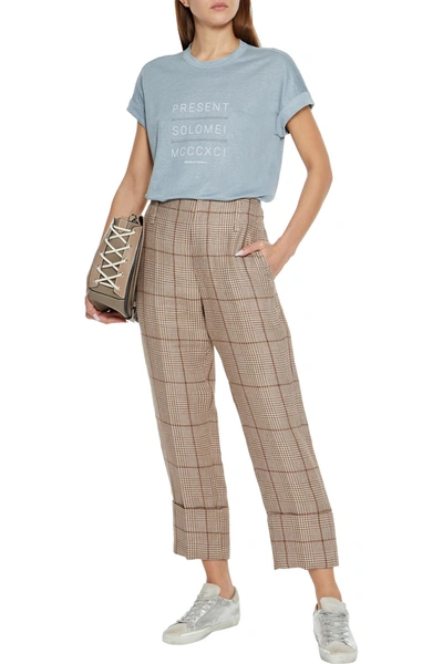 Shop Brunello Cucinelli Cropped Prince Of Wales Checked Linen Straight-leg Pants In Army Green