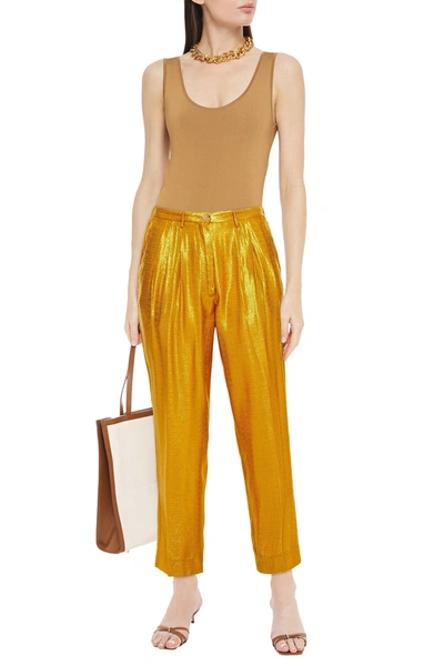 Shop Forte Forte Pleated Metallic Jacquard Tapered Pants In Yellow