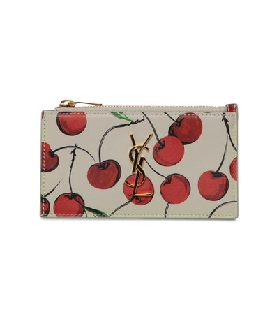 Shop Saint Laurent Cherry Print Leather Credit Card Case In Multicolor