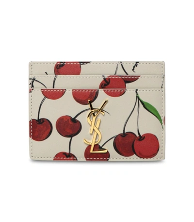 Shop Saint Laurent Cherry Print Leather Credit Card Holder In Multicolor