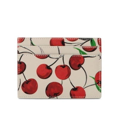 Shop Saint Laurent Cherry Print Leather Credit Card Holder In Multicolor