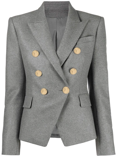 Shop Balmain Double-breasted Blazer Jacket In Grey