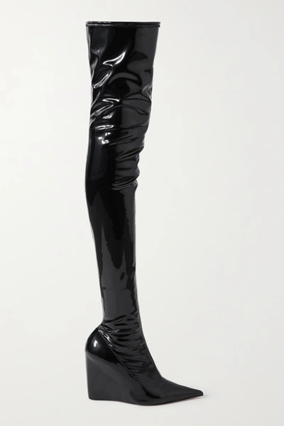 Shop Amina Muaddi Danielle Stretch-latex Wedge Thigh Boots In Black