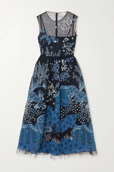 Shop Red Valentino Embroidered Point D'esprit Tulle And Printed Crepe Midi Dress In Blue
