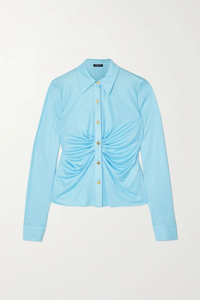 Shop Versace Ruched Satin-jersey Blouse In Blue