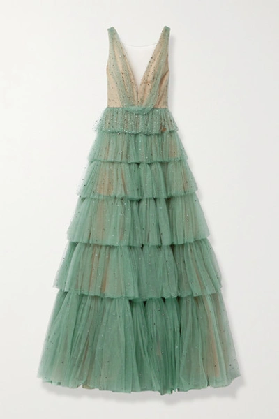 Shop Marchesa Tiered Crystal-embellished Tulle Gown In Gray Green