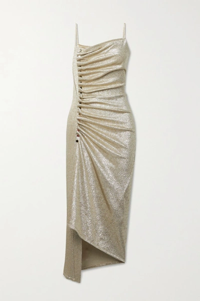 Shop Paco Rabanne Asymmetric Gathered Stretch-lurex Dress In Gold