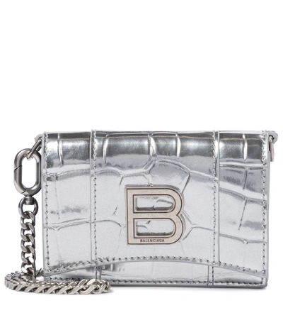 Shop Balenciaga Hourglass Mini Leather Wallet On Chain In Silver