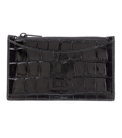 Shop Balenciaga Hourglass Croc-effect Leather Card Holder In Black
