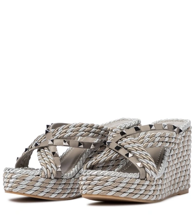Shop Valentino Rockstud Torchon Leather Espadrille Sandals In Silver
