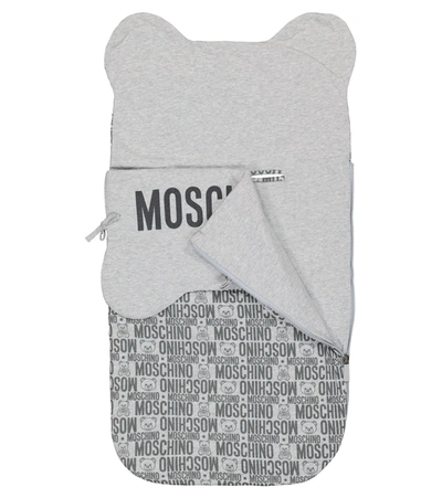 Shop Moschino Baby Printed Cotton Zipped Blanket In Grey