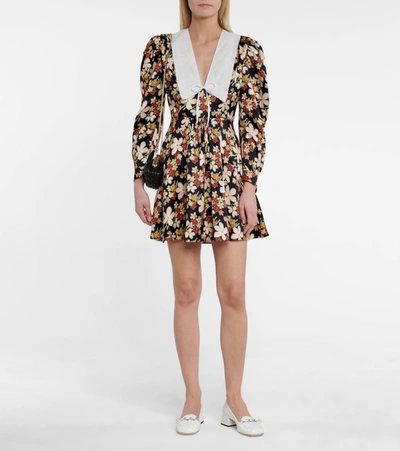 Shop Miu Miu Floral Satin Sablé Minidress In Black