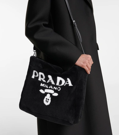 Prada Medium Shearling Tote In Black