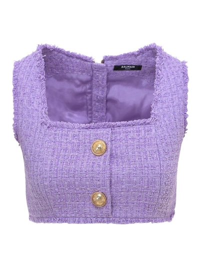 Shop Balmain Cropped Wool Top In Purple
