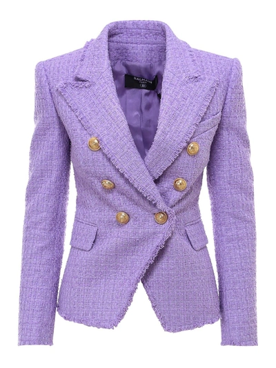 Shop Balmain Tweed Blazer In Purple