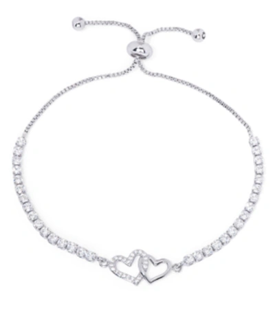 Shop Macy's Cubic Zirconia Linked Hearts Adjustable Bolo Bracelet In Silver Plate