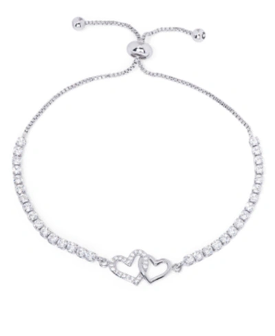 MACY'S CUBIC ZIRCONIA LINKED HEARTS ADJUSTABLE BOLO BRACELET IN SILVER PLATE 