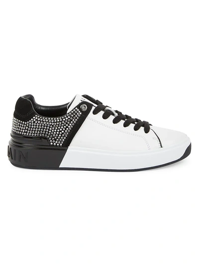 Shop Balmain Women's B-court Crystal-embellished Leather Sneakers In Blanc Noir