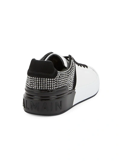 Shop Balmain Women's B-court Crystal-embellished Leather Sneakers In Blanc Noir