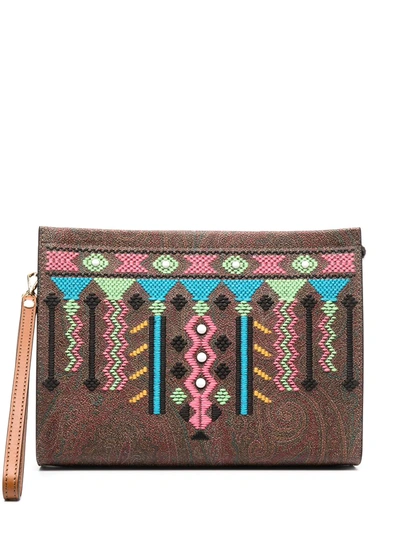 Shop Etro Geometric Embroidery Leather Clutch In Brown