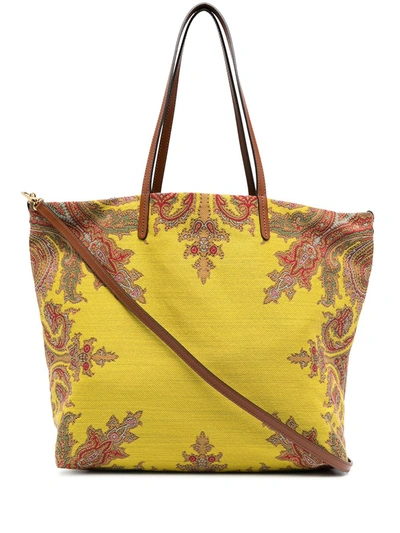 ETRO Milano Yellow Paisley Woven Fabric Tote Bag w/ Tassel & Pouch NWT  17x18.5