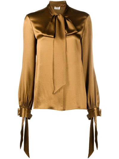 Shop Saint Laurent Long-sleeve Pussy-bow Blouse In Brown