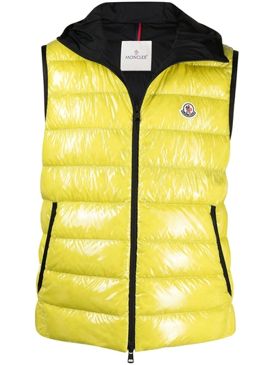Shop Moncler Padded Hooded Gilet Jacket In Yellow