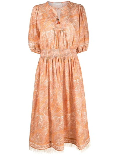 Shop Zimmermann Brighton Paisley-print Midi Dress In Orange