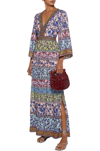 Shop Alice And Olivia Lena Embroidered Floral-print Washed-crepe Maxi Dress In Multicolor