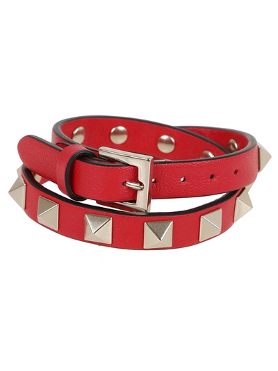 Shop Valentino Leather Double Bracelet In Rouge Pur