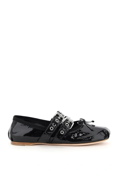 Shop Miu Miu Embossed Patent Ballerinas In Nero (black)