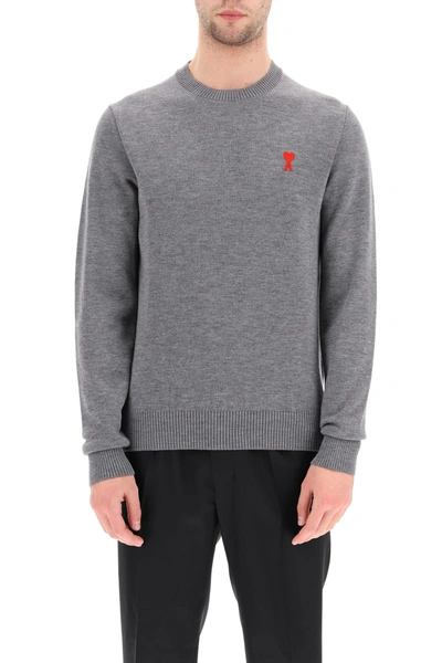 Shop Ami Alexandre Mattiussi Sweater With Ami De Coeur Patch In Heather Grey (grey)