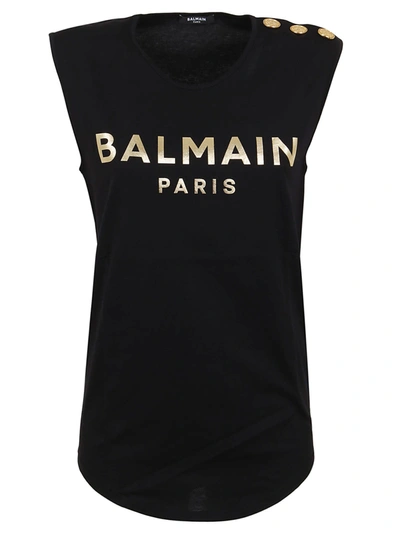Shop Balmain 3 Btn Metallic Logo Tank Top In Ead Noir Or