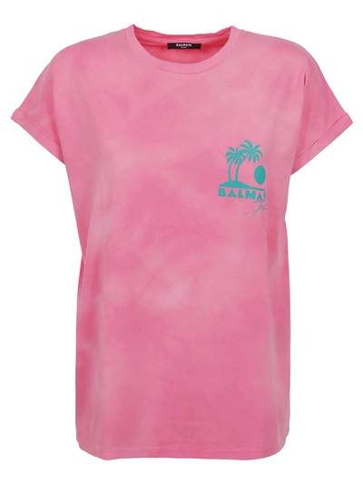 Shop Balmain Ss Tie-dye Palm Tree Logo T-shirt In Obu Rose Vert Jade