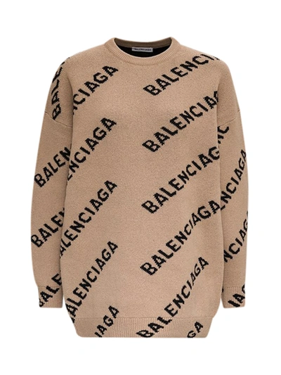 Shop Balenciaga Long Sleeves Crewneck Logo All Over In Beige Black