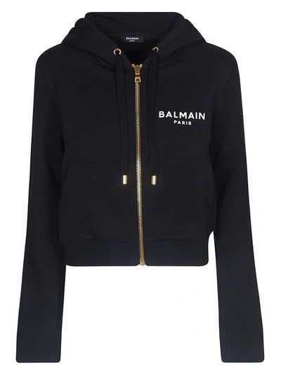 Shop Balmain Logo Print Zip Hooded Jacket In Nera