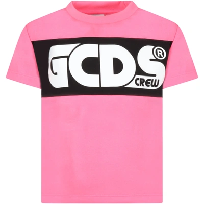 Shop Gcds Mini Neon Fuchsia T-shirt For Girl With Logo